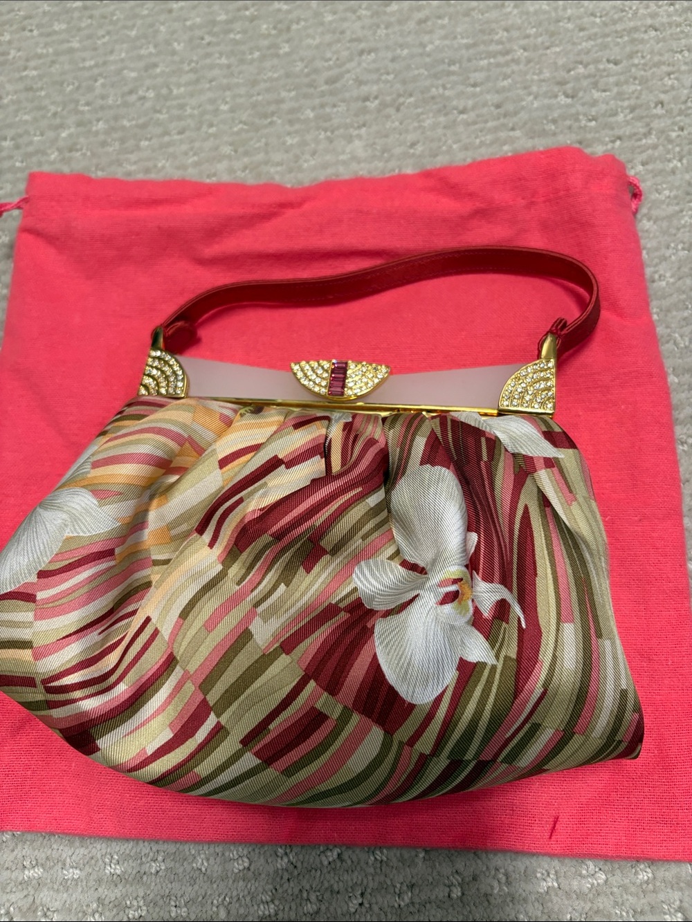 Judith Leiber Multicolor Floral Satin Wristlet with Red Handle and Gold Accents